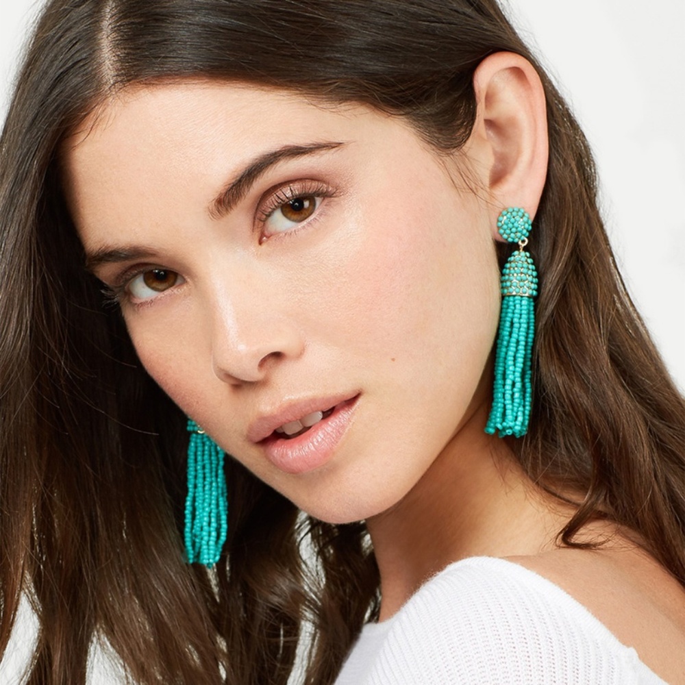 GE28 | Long Green Tassel Dangle Beads Earrings - Picture 1 of 5